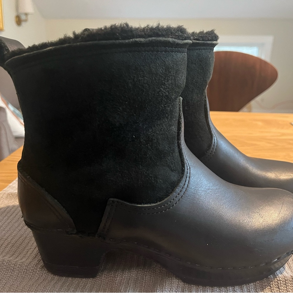 NO. 6 5” Pull on Shearling Clog Boot on Mid Heel in Black Suede